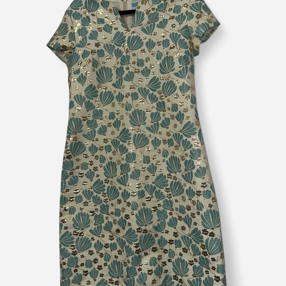 J. McLaughlin Green and Gold Sheath Dress with V-Neck